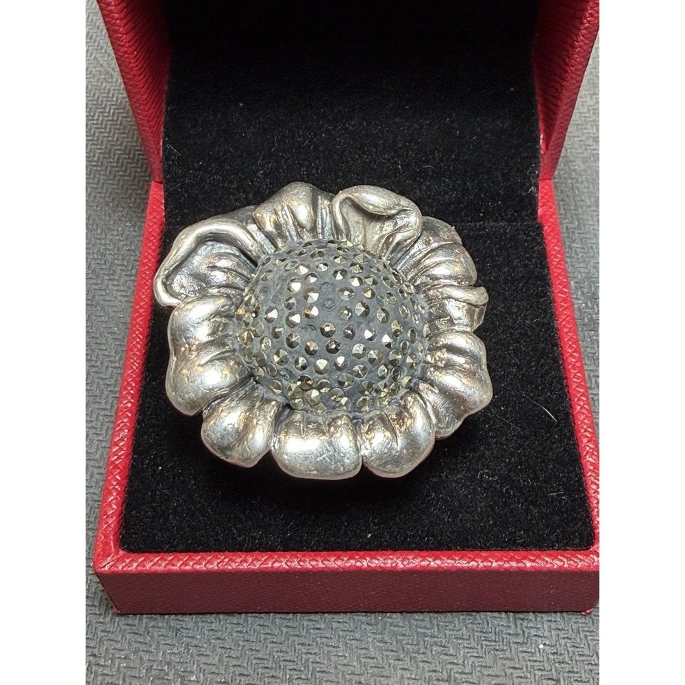 Vintage 925 Thai Sterling Silver Marcasite Flower Statement Ring 12.1g - Picture 1 of 6